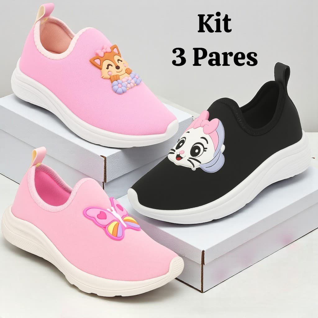 Kit 3 Pares Tênis Infantil Menina Confortável Calce Fácil Macio Sapato