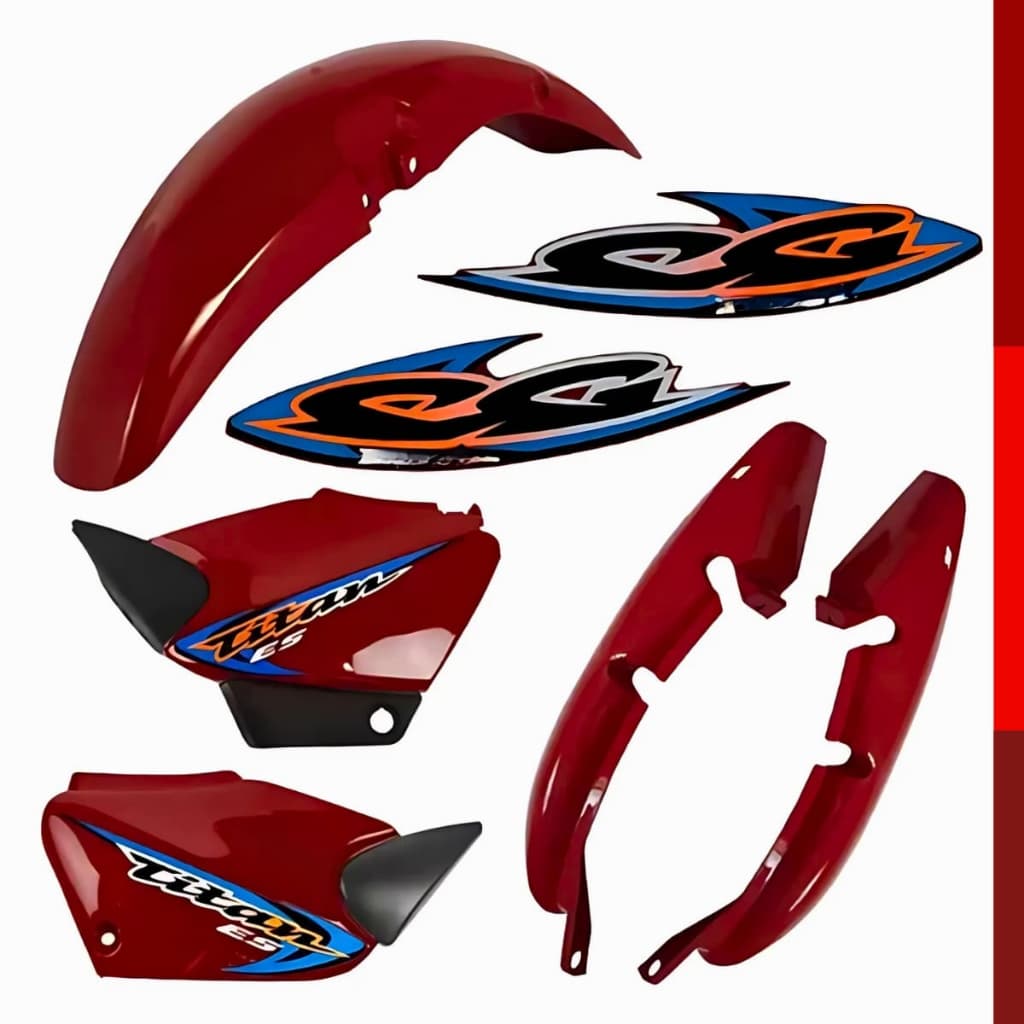 Kit Carenagem Cg Titan 125 Vermelha 2000 2001 2002 2003 2004 + Adesivos Paralama+ Rabeta + Tampa Lateral Par Com Brilho