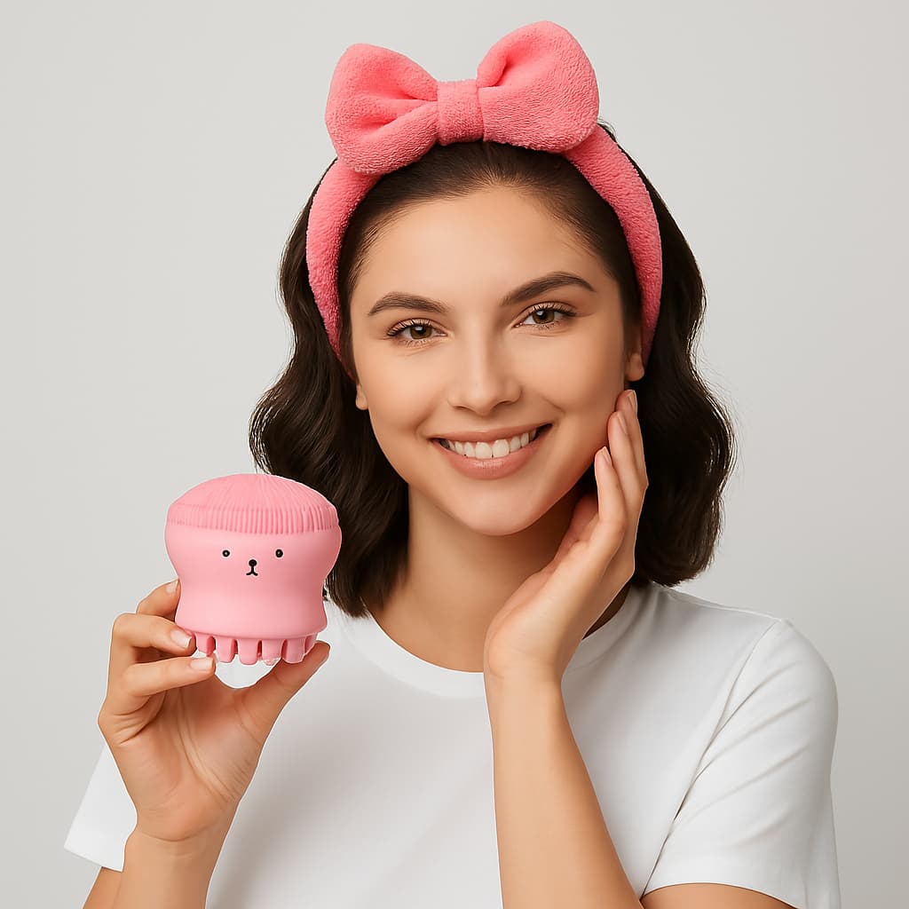 Kit Beleza Facial Spa - Faixa de Cabelo Plush + Esponja de Limpeza Polvo Esfoliante - Skincare Prático e Suave