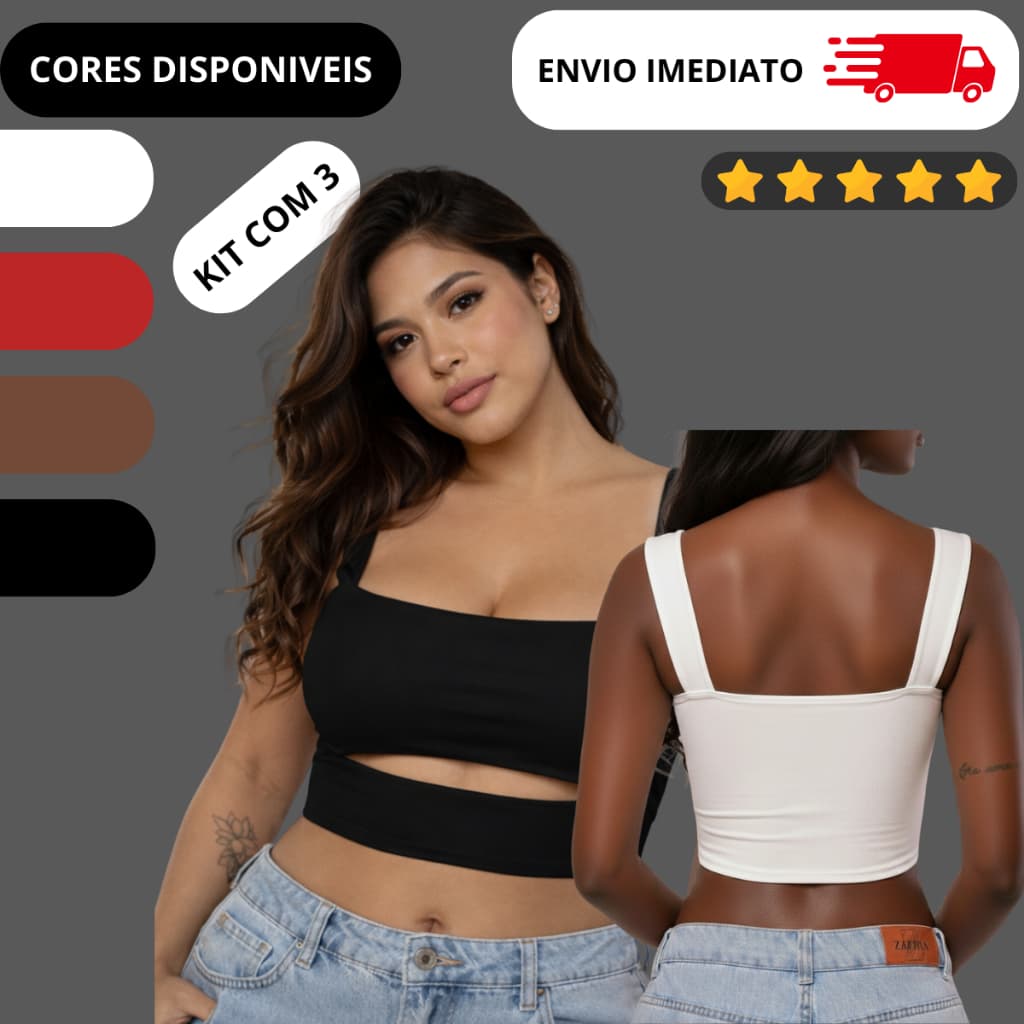 KIT 3 Top Cropped Feminino Recorte Moderno Casual Street Suplex  Moda Gringa Estilo Alça Larga