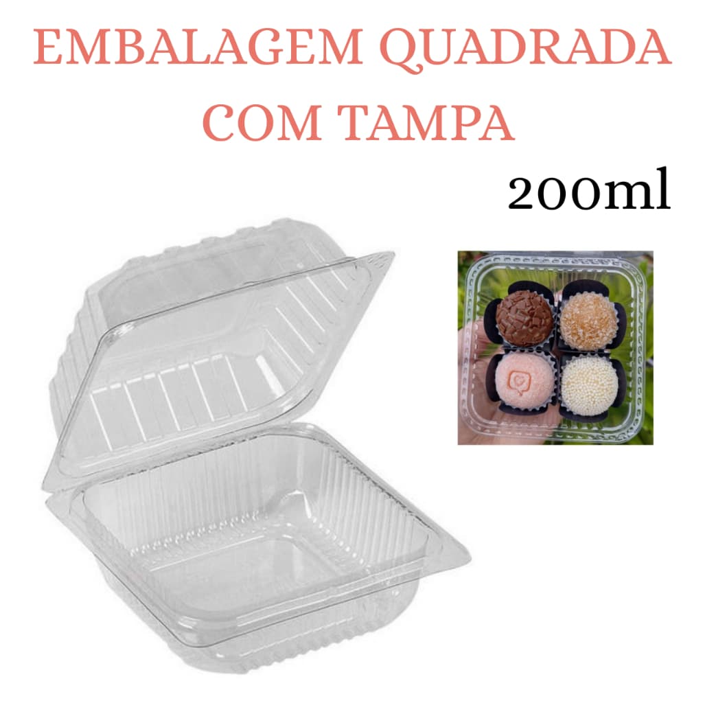 Kit Até 100 Embalagem Quadrada com Tampa para Bolo e Sobremesa 200ml BP641