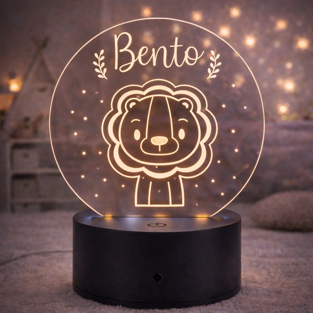 Luminária Acrílica LED Personalizada Infantil - Tema Leão com Nome