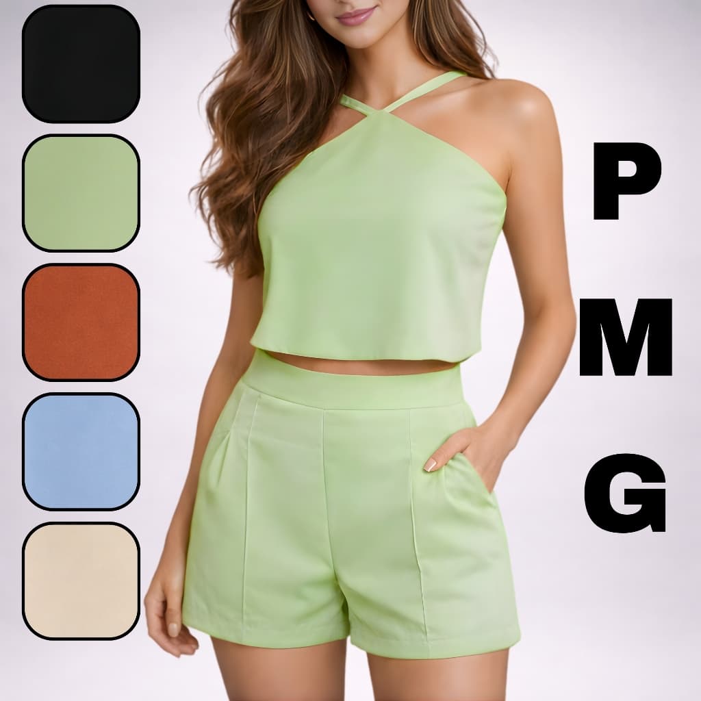 Conjunto Feminino Alfaiataria Premium Blusa Ajustável Short Cintura Alta