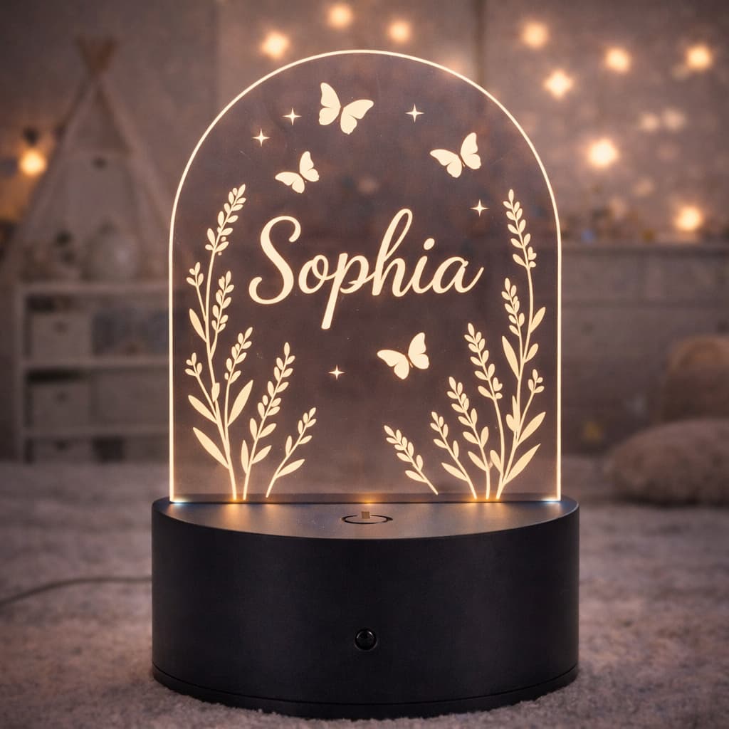 Luminária Acrílica LED Personalizada Infantil - Tema Floral com Borboletas com Nome