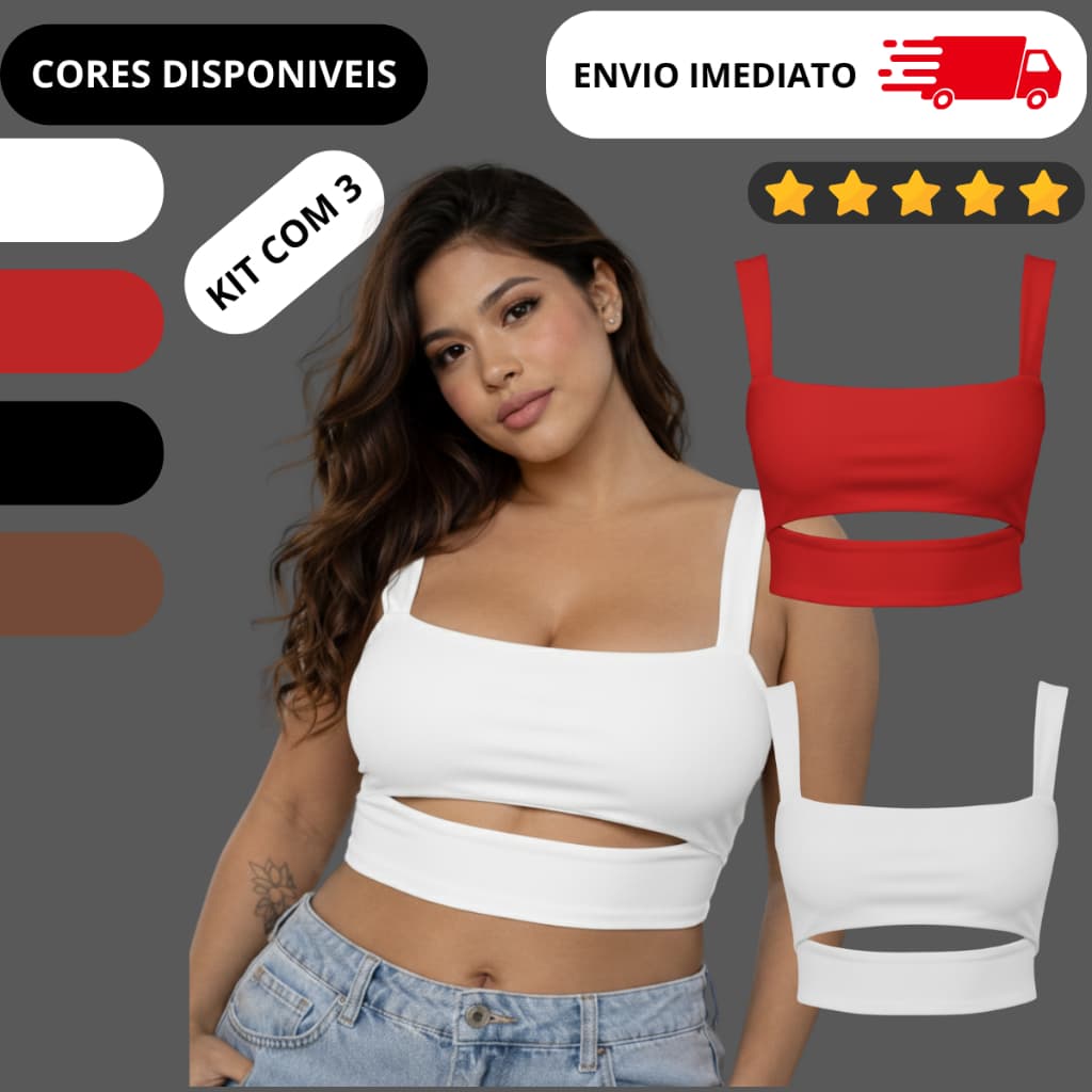 KIT 3 Top Cropped Feminino Recorte Moderno Casual Estilo Alça Street Suplex  Larga Moda Gringa