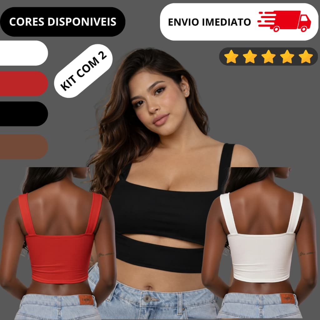 KIT 2 Top Cropped Feminino Casual Street Suplex  Moderno Estilo Alça Larga Recorte Moda Gringa