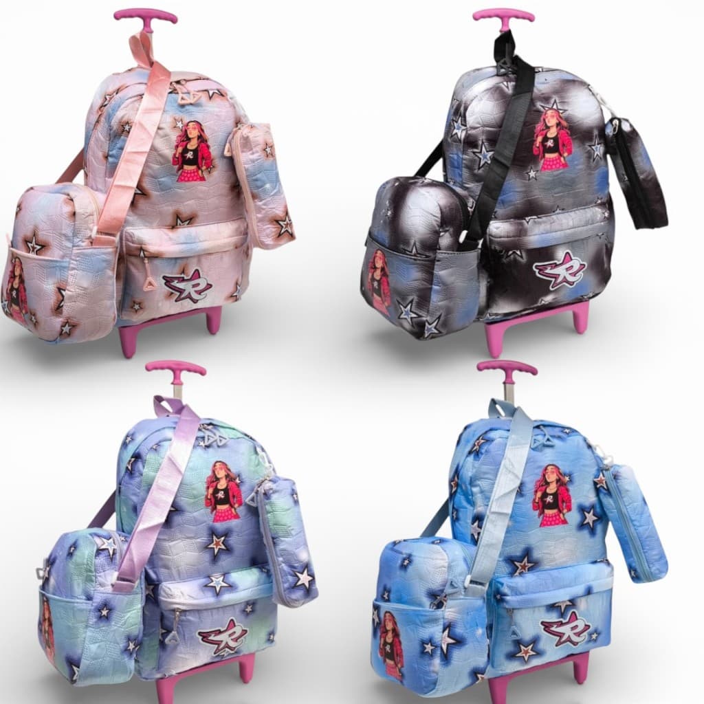 Mochila escolar Emily vicky com rodinha + Lancheira + Estojo, kit escolar Emily vicky