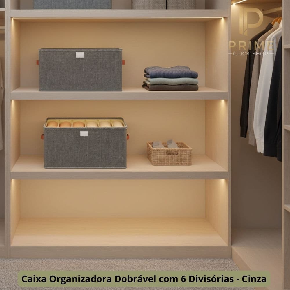 Caixa Organizadora Dobravel Seis Compartimentos Cinza Guarda Roupas Prateleiras Armazenamentota