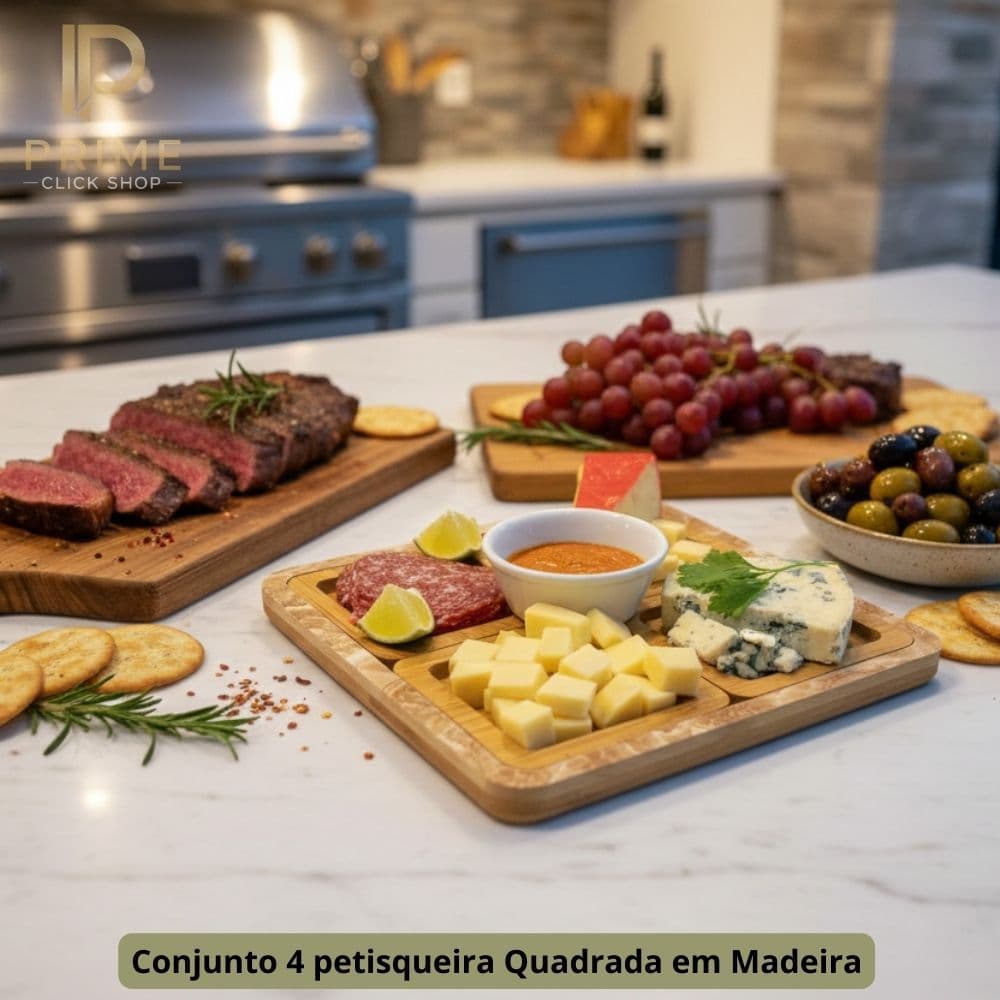 Conjunto Petisqueira Quadrada Madeira 4 Peças Bandeja Churrasco Petiscos Frios Acompanhamentos