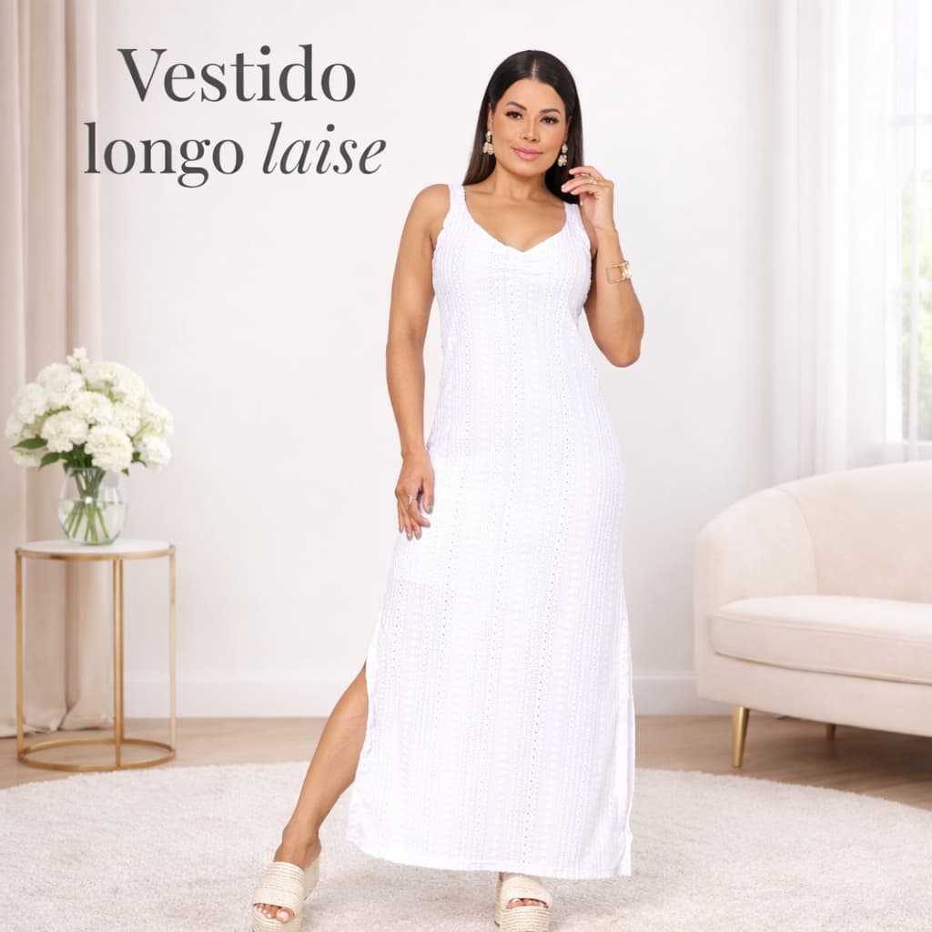 Vestido Laise Longo Feminino Branco Casual Elegante Leve Confortável
