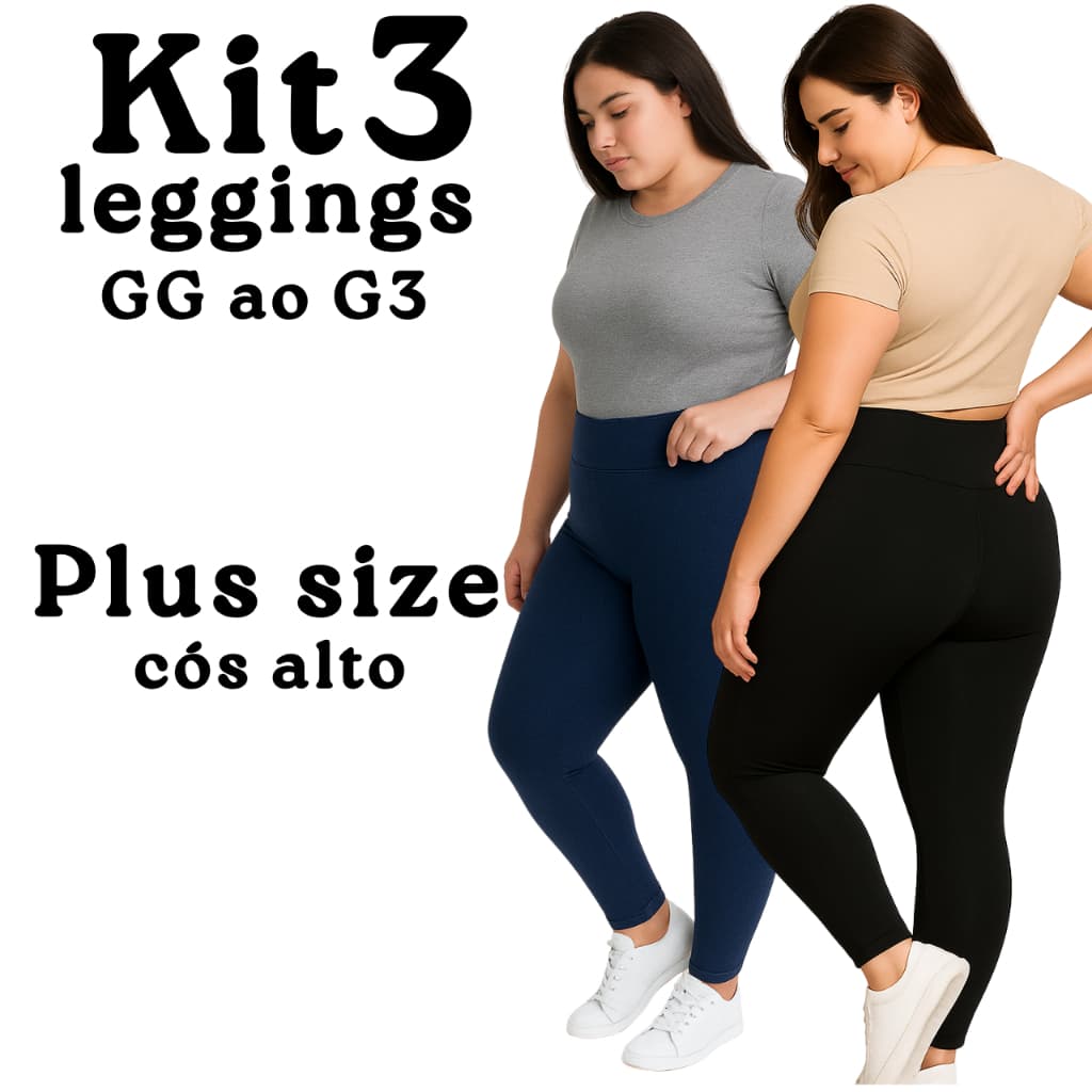 Kit 3 ou 2 Calças Legging Feminina Plus Size Básica Lisa Cintura Alta Dia a Dia GG G1 G2 G3
