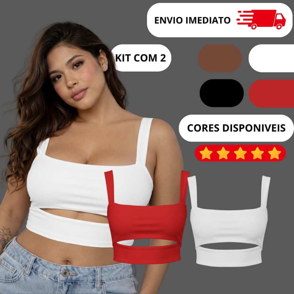 KIT 2 Top Cropped Feminino Recorte Moderno Street Suplex Estilo Alça Larga Moda Gringa Casual