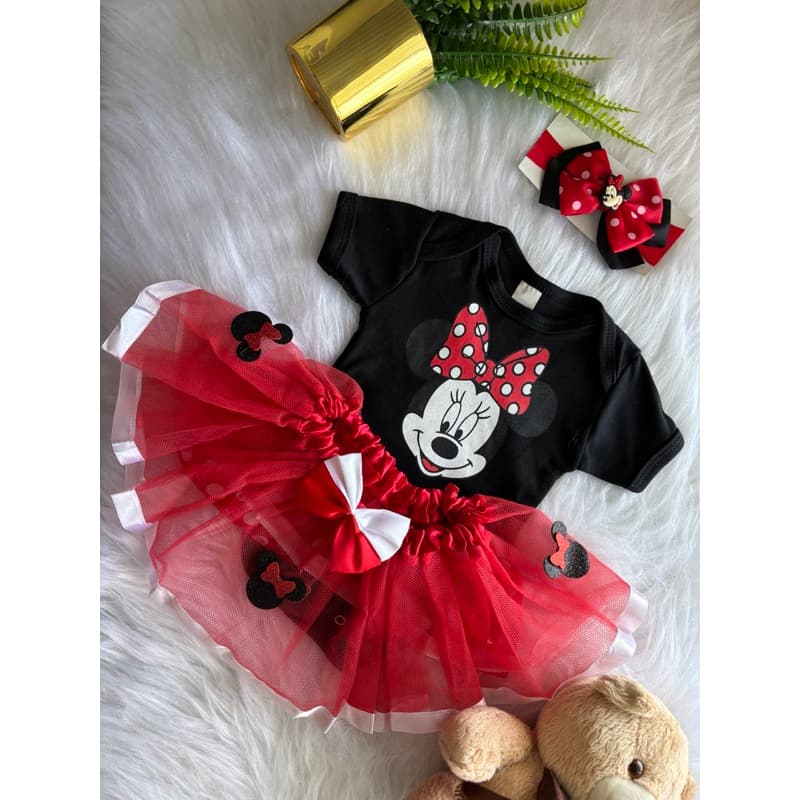 Body Bebê Infantil Mêsversário Temático Ratinha Vermelha E Preta Babado Macacao Personagens Fantasia