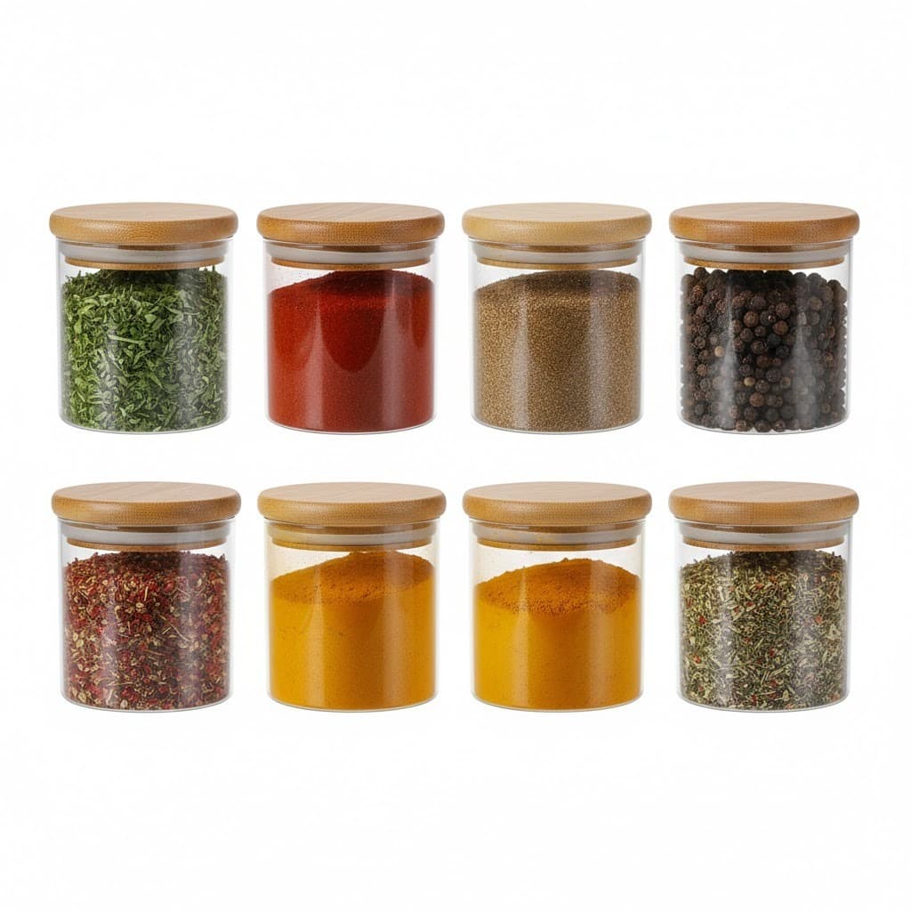 Kit 8 Potes de Vidro Herméticos com Tampa de Bambu, Redondo, 200ml, para Mantimentos e Temperos