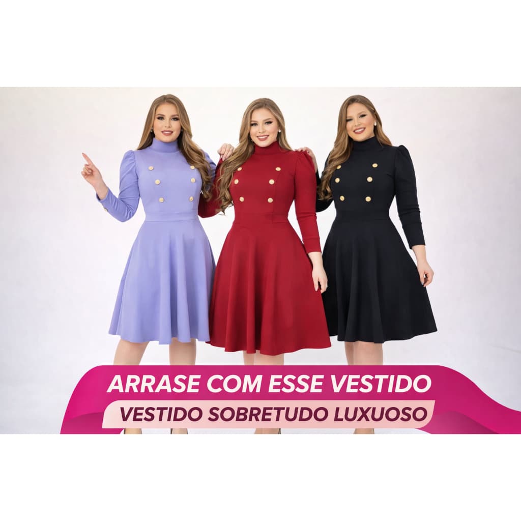 Vestido Plus Size Moda Evangélica Princesa Social Botões e Gola Estilo Sobretudo Godê Longuete Midi Rodado Evasê ( Top)