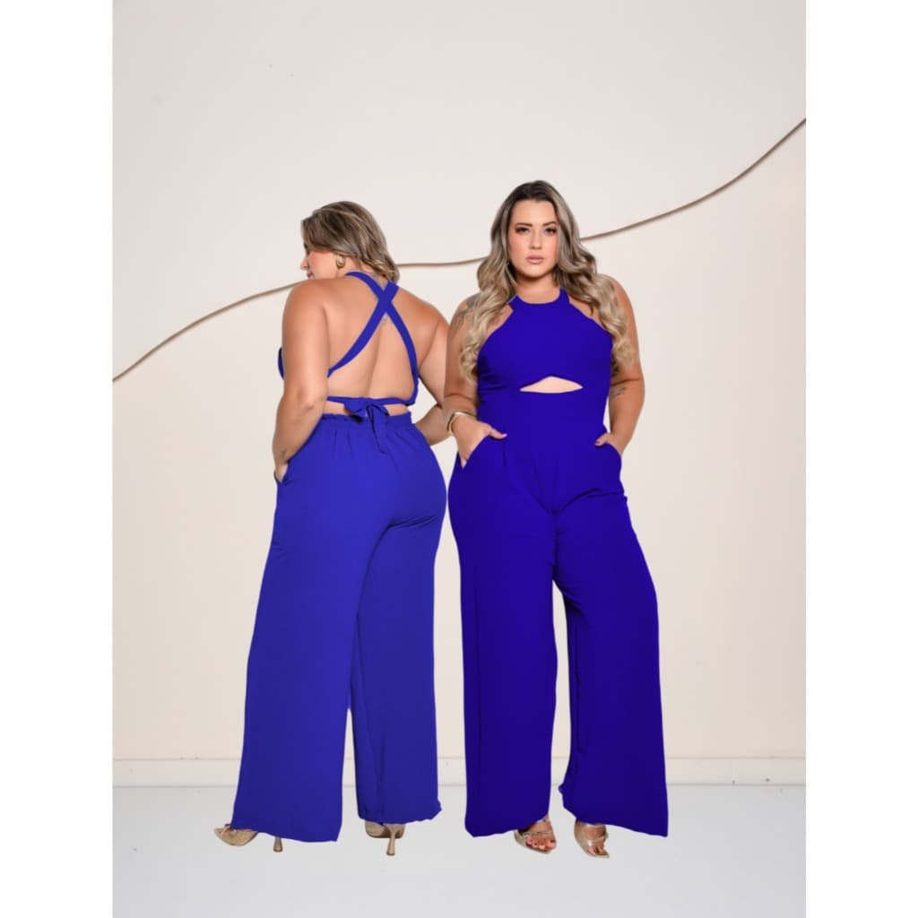 Macacão Plus Size Feminino Elegante Estilo Pantalona Com bolso e Alças regulaveis e Decote Na Barriga