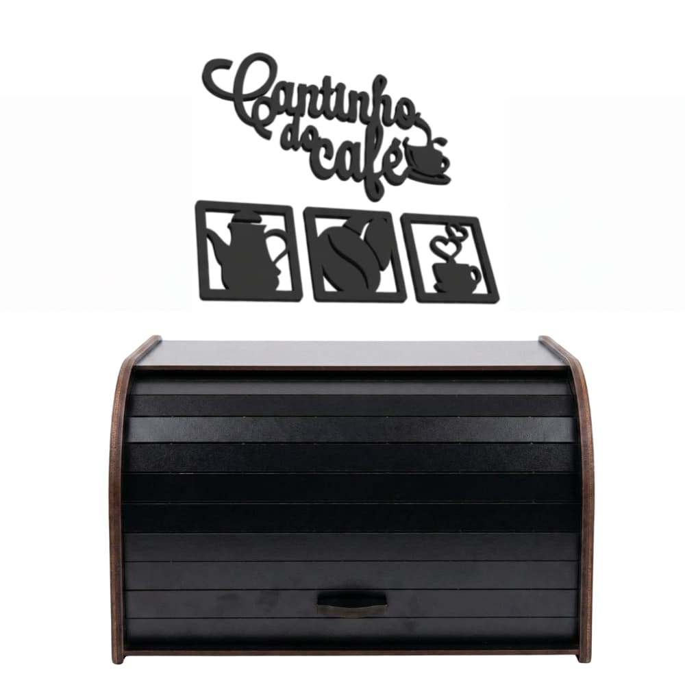 Kit Cesto de Pão Black Porta Mantimentos Placa Letreiro 4 Pcs Cantinho do Café Bolacha Biscoitos