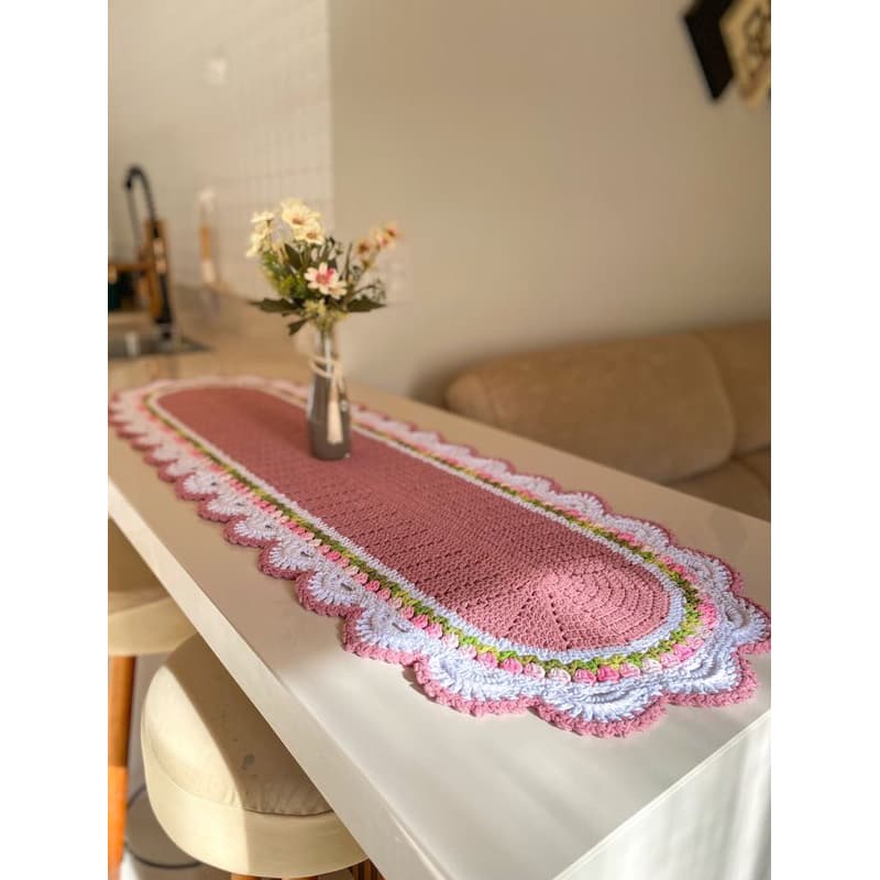 Jogo Artesanal Crochê 3 Peças Tapete Caminho Mesa Decorativo Floral Tulipas Cozinha Balcão Feito à Mão tapetes para sala