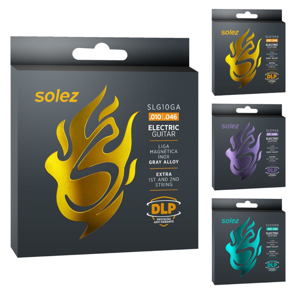 Encordoamento Jogo de Corda Solez Guitarra SLG10 SLG11 SLG12 0.10 0.11 0.12 cordas MI e SI Extra Liga Inox Gray Alloy