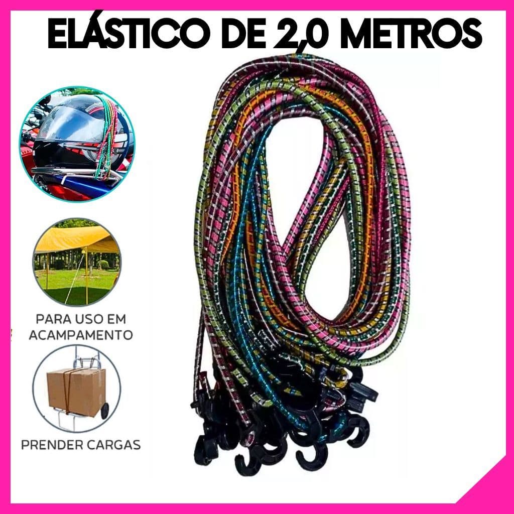 Kit 10 Elástico Bagageiro 2m Reforçado Gancho Moto Bike Alta Resistência Carga Forte