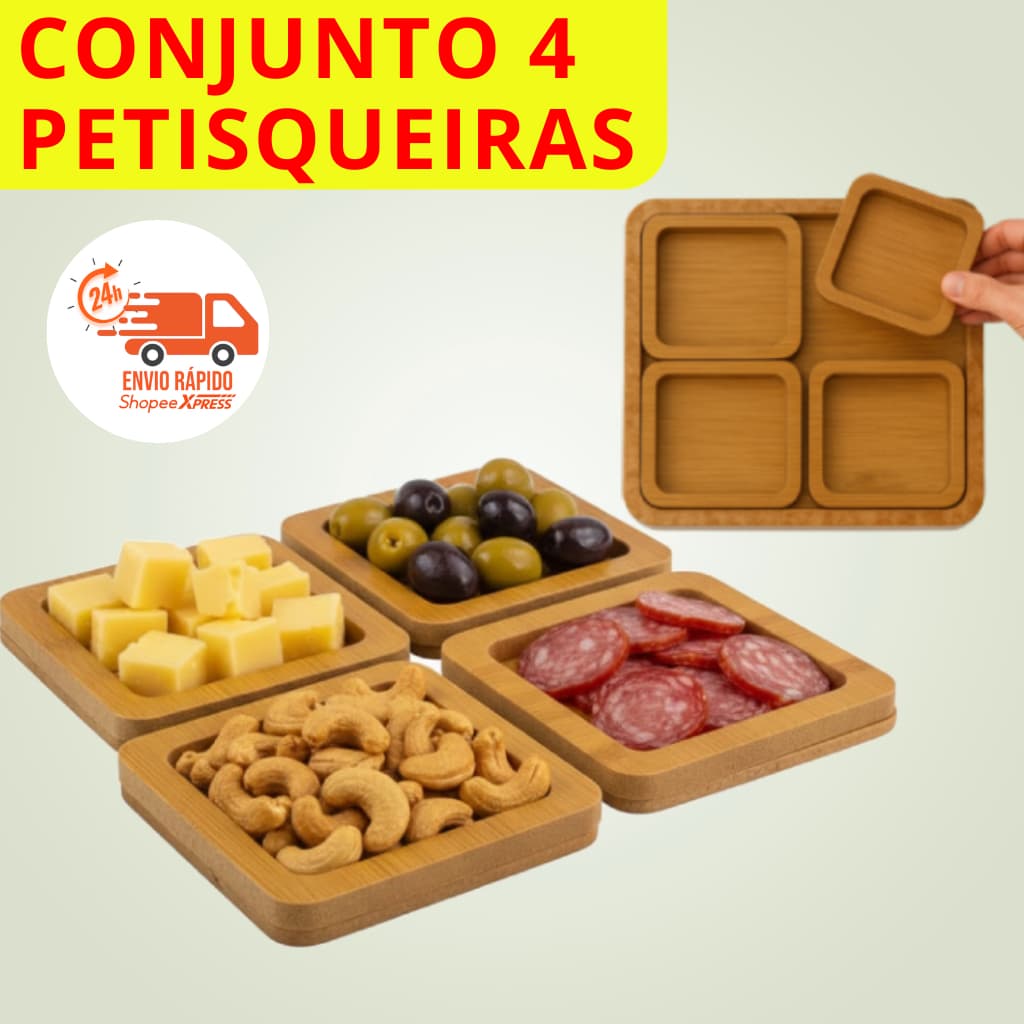 🧀 Kit Tábua Petisqueira Frios Petisco Queijo Aperitivo Conjunto 4 Petisqueiras Madeira Gourmet