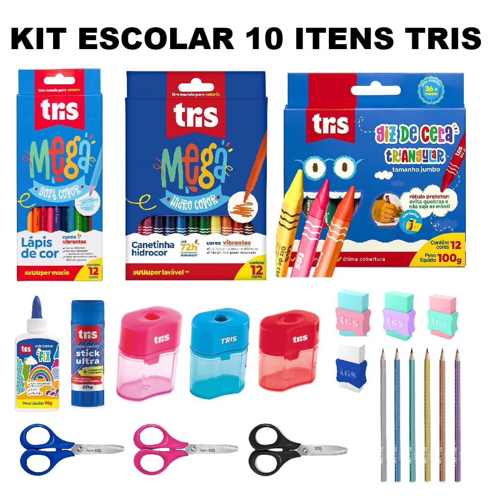 Kit Escolar Tris 10 ITENS Lápis de cor, Giz de Cera, Canetinha Hidrocor, Cola, Borracha, Apontador,  Lápis Grafite