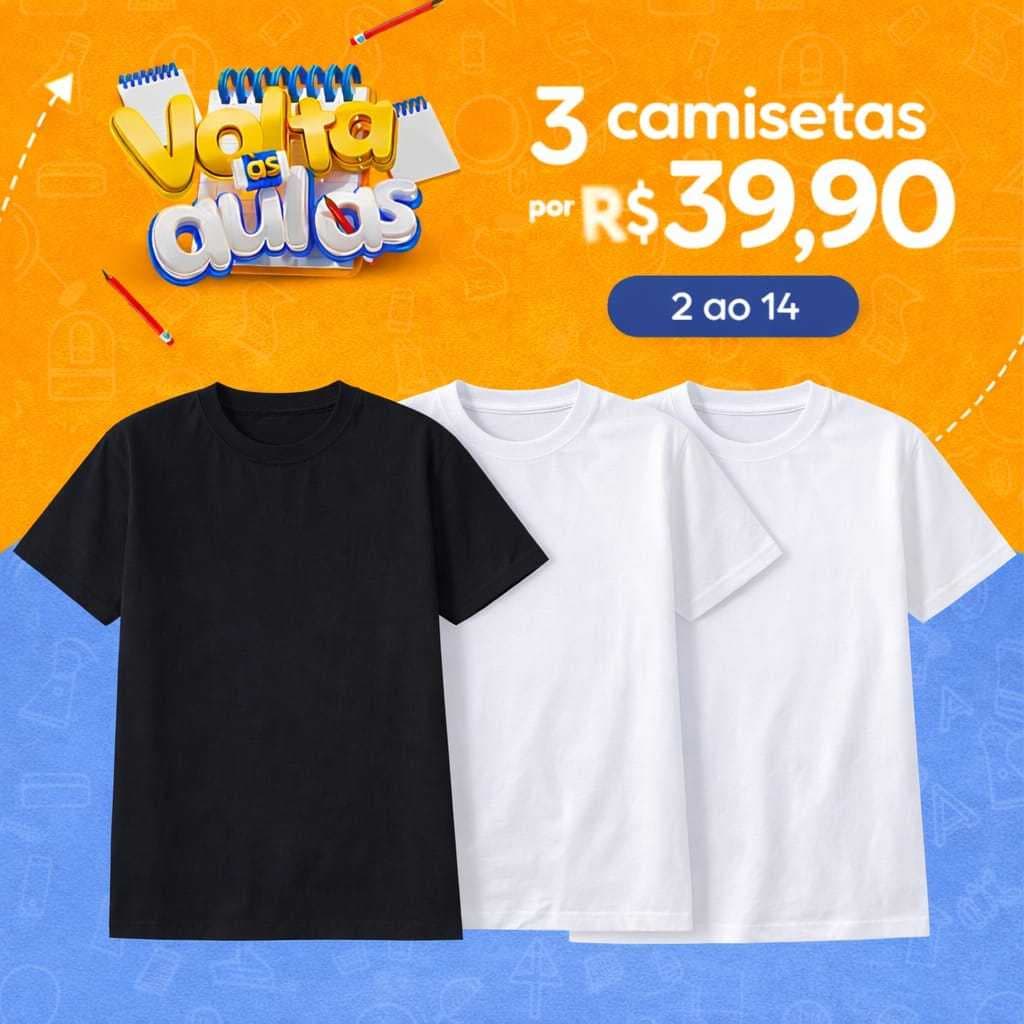 Kit 3 Camiseta Básica Branco e Preto infantil e juvenil Unissex 2 ao 16 100% algodão