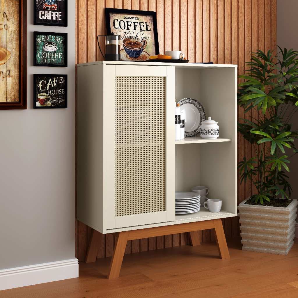 Balcão Alto Aparador Buffet com Porta de Correr Rattan pés em Madeira