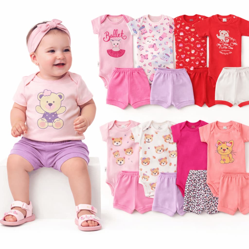 Kit Conjunto Bebê Menina Verão 10 Peças Body + Short Algodão RN P M G Roupa Bebê