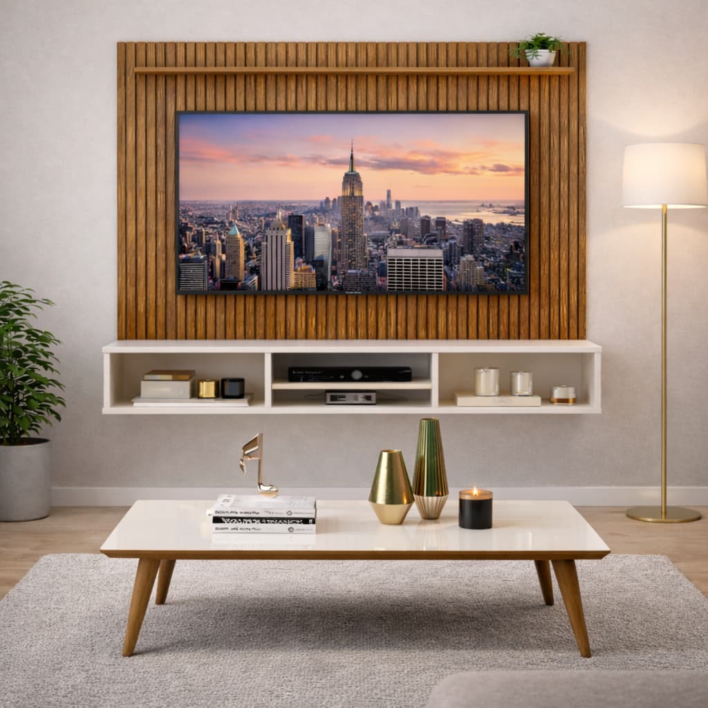 Promoção Kit Painel Ripado Rack Tv 50 Polegadas + Mesa De Centro Retangular Em MDF Home Decoração