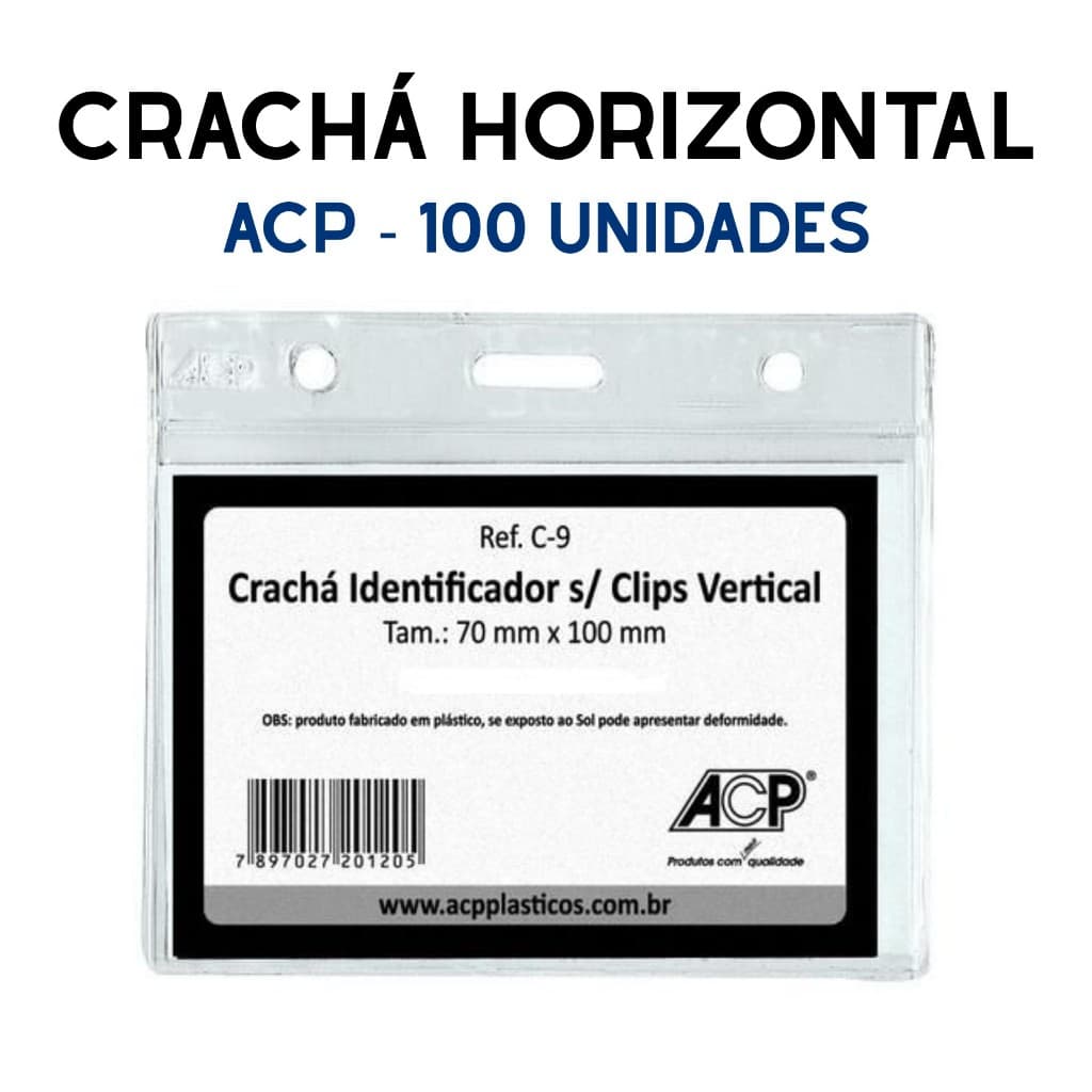 Crachá Horizontal Transparente C9 - ACP - 70x100mm PVC | Opção de Pacote Com 100 Presilhas