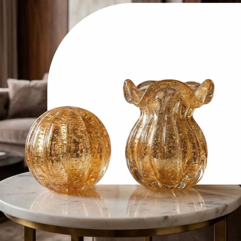 Vaso + Bola Decorativa Trouxinha Murano Vidro Centro de Mesa 10cm Luxo Elegante Casa Decoração