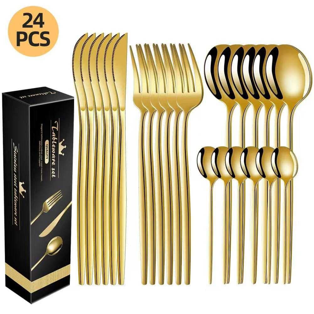 Belifou Kit 24 Jogo De Talheres Inoxidável 416 Suprimentos Cozinha Talheres Dourados Talheres