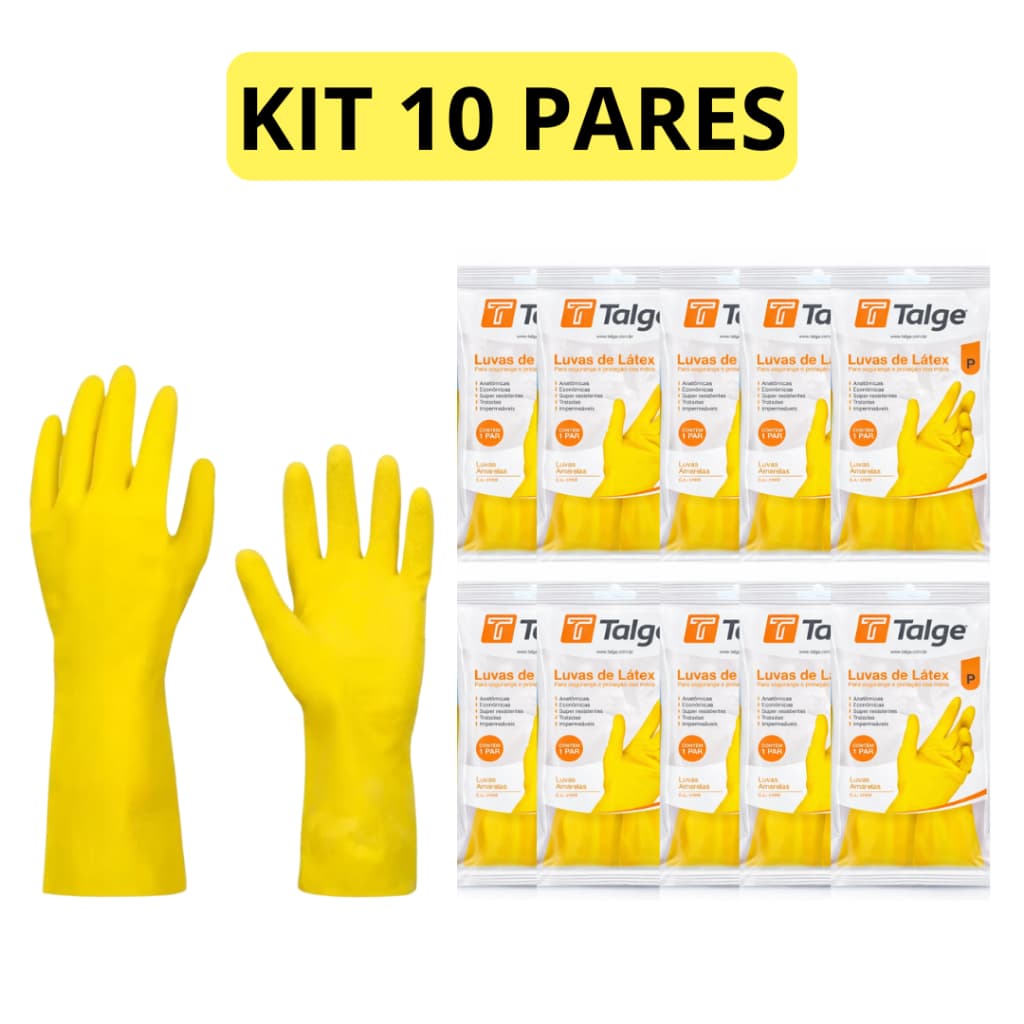Kit 10 Pares Luva  Latex Luva Amarela Luva Limpeza Multiuso Luva de Borracha Para Limpeza