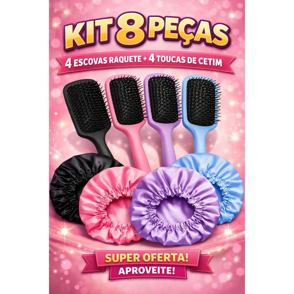 Kit 8 peças Maquiagem e Cabelo com  4 Toucas de Cetim e 4 Escovas Raquete - Dia da Mulher