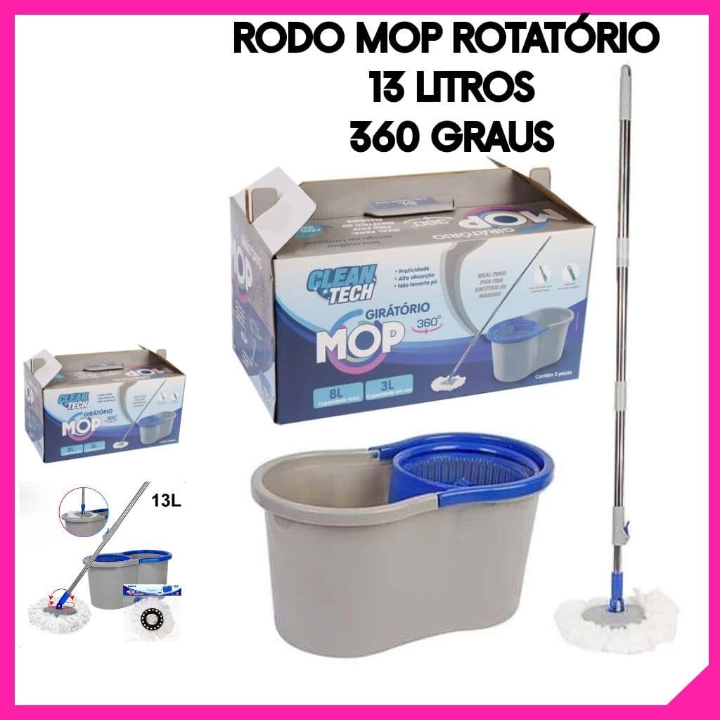 Balde Mop 360 Graus Giratório 13L Clean Tech Original Esfregão Microfibra Limpeza Rápida e Eficiente
