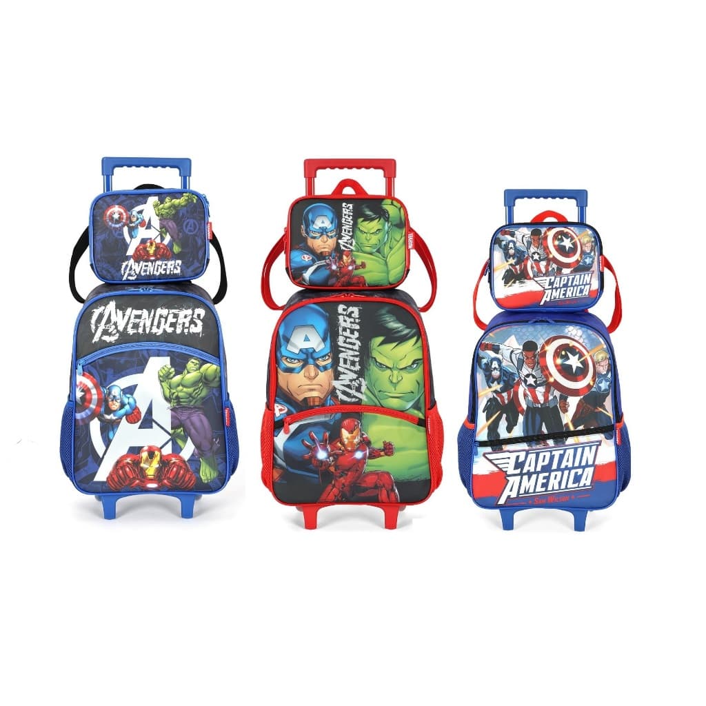 KIT MOCHILA CARRINHO ESCOLAR VINGADORES CAPITAO AMERICA HULK HOMEM DE FERRO ORIGINAL DIA A DIA LANCHEIRA