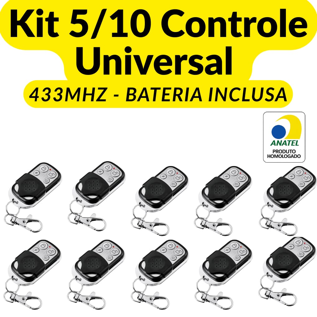 Kit 5/10 Controle Remoto Universal 433Mhz Compatível Portão Eletrônico Garagem Residencial