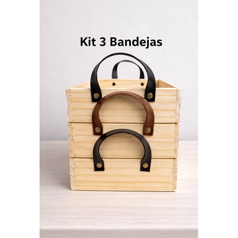 Kit 3 Bandejas Madeira Pinus com Alça de Couro Organizadora Decorativa Cesta Café da Manhã 30x20x6