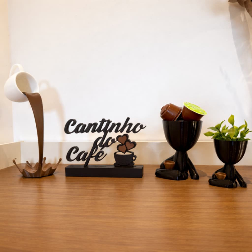 Kit Cantinho do Café com Bob Porta Cápsula, Xícara Flutuante, Bob com Planta e Letreiro Decorativo