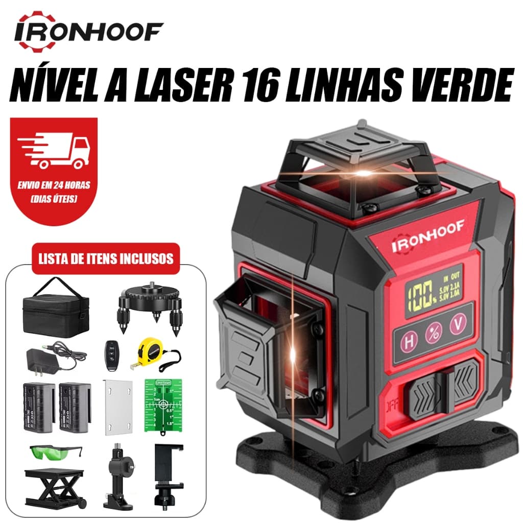 Nivel a laser Profissional 16 Linhas Verde 2 Baterias 360° Automático