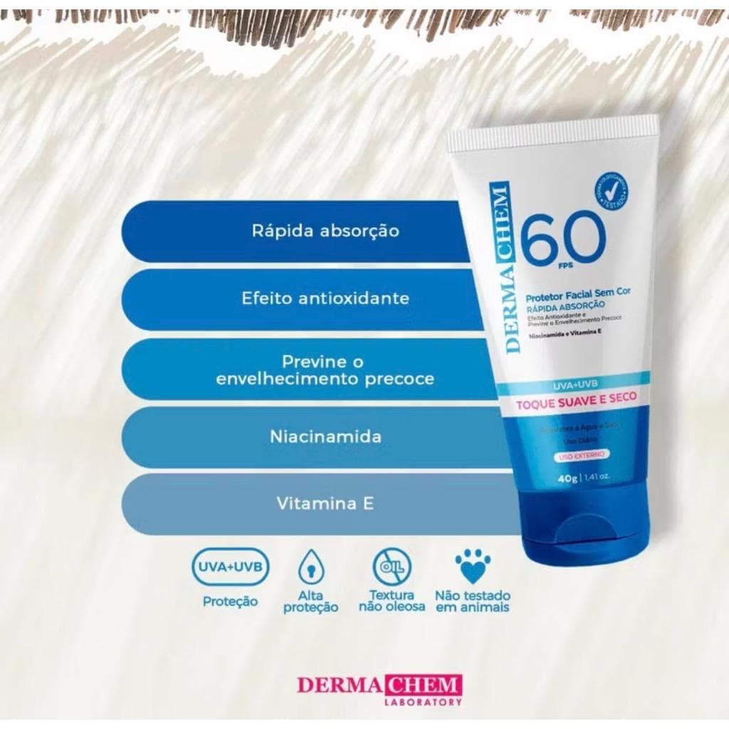 Protetor Solar Facial Derma Chem FPS 60 Toque Seco UVA/UVB com Niacinamida 40g