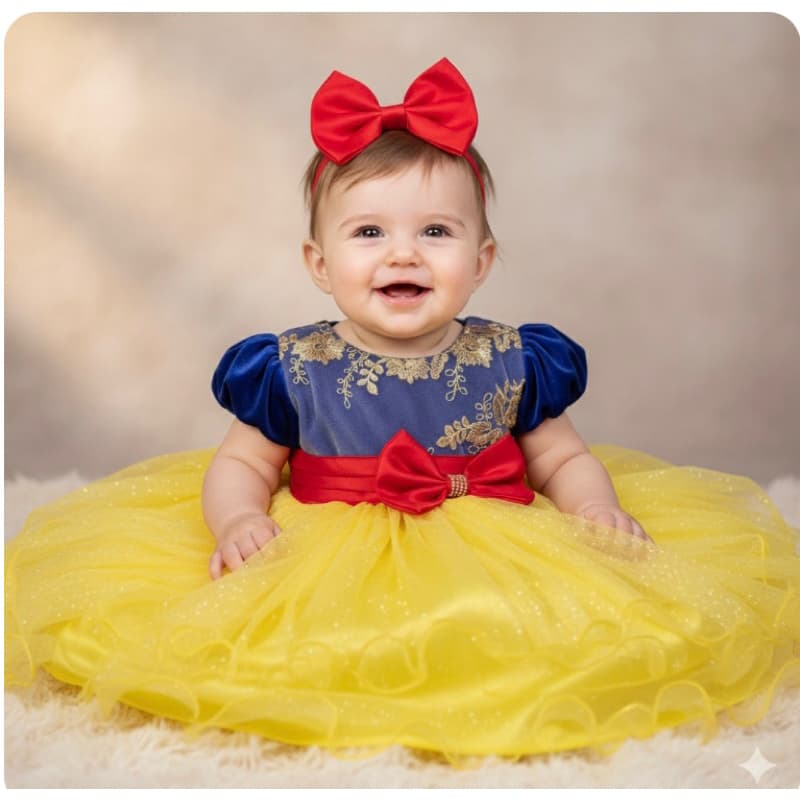 Vestido Festa Infantil Branca de Neve + Laço Envio imediato