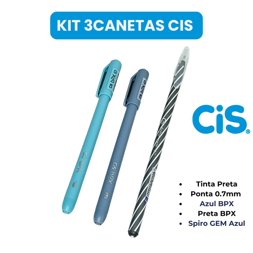 Kit 3 Canetas CIS – 2 BPX 0.7mm (Azul e Preta) + 1 Spiro GEM Azul