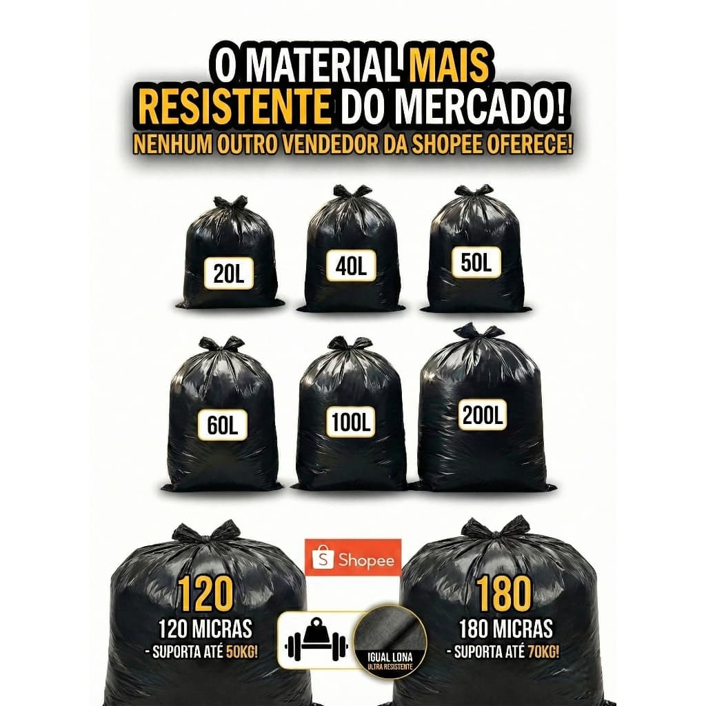 Saco de Lixo Reforçado Resistente Grosso Lona Pacote de 5kg - 200/100/60/50/40/20 Litros - Premium