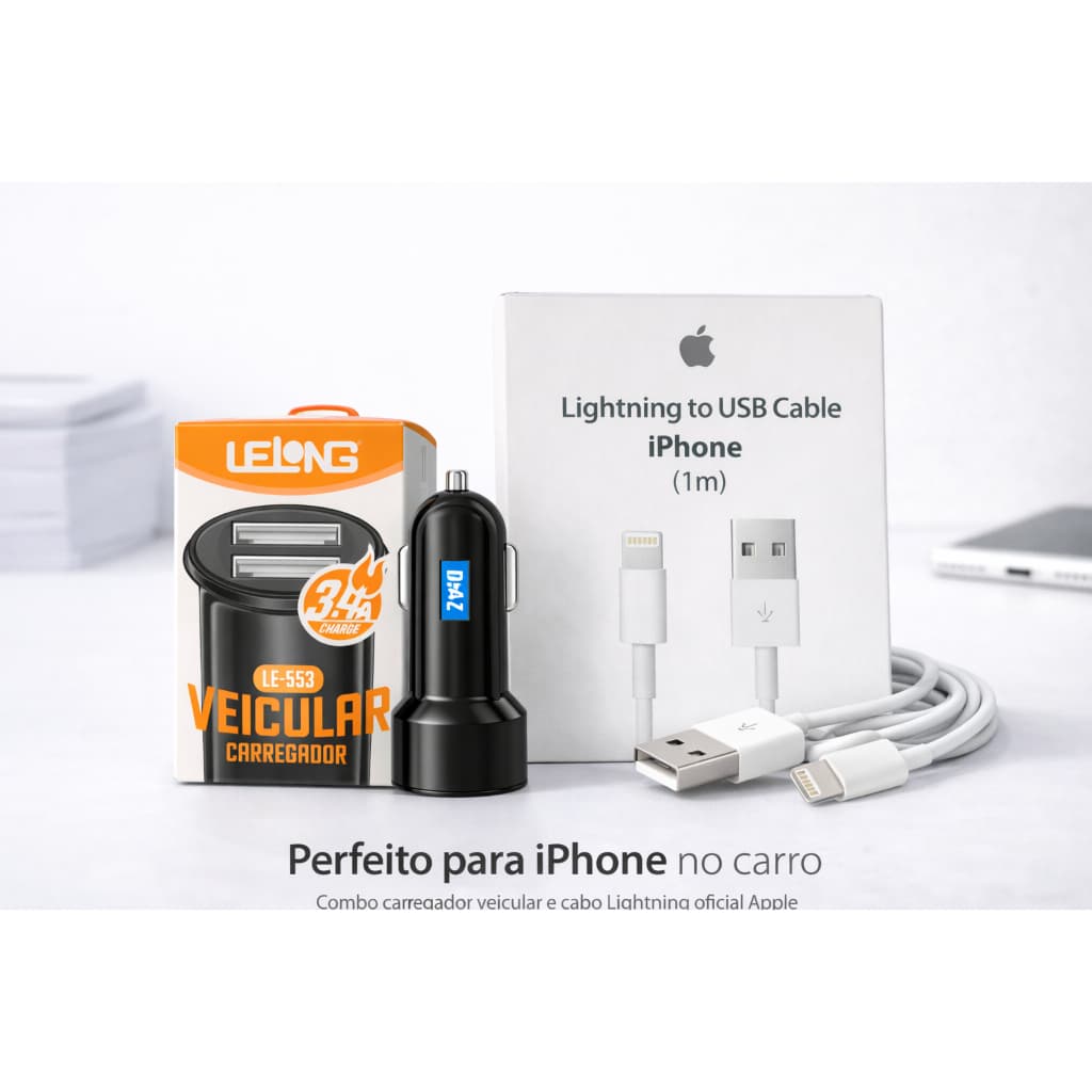 Kit Carregador Automotivo + Cabo USB Iphone Lightning Carregador Veicular Carro Carga Rápida Iphone 5 a 14
