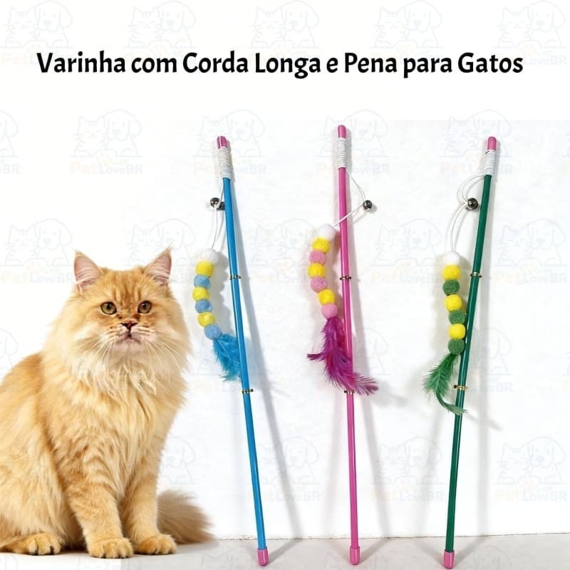 Varinha com Pena e Bolinha com Guizo Brinquedo Interativo para Gatos Elástico, Colorido e Estimulante-Pronta entrega