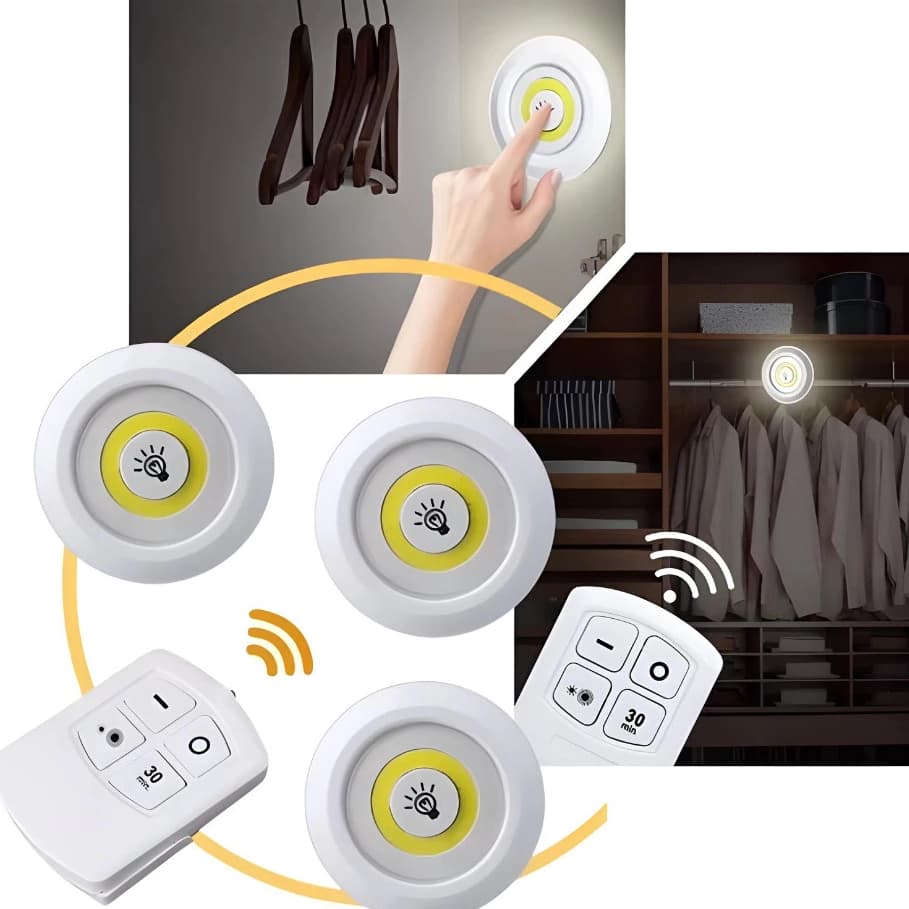 Kit de 3 Lâmpadas Spotlight LED Sem Fio para Armários Iluminação Inteligente com Controle Remoto Cor Branco Frio