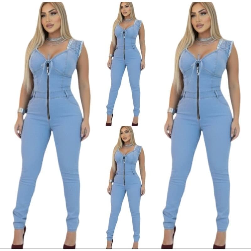 Macacão Jeans Feminino Ciganinha Ombro a Ombro com Lycra Surreal Luxo 38 ao 46