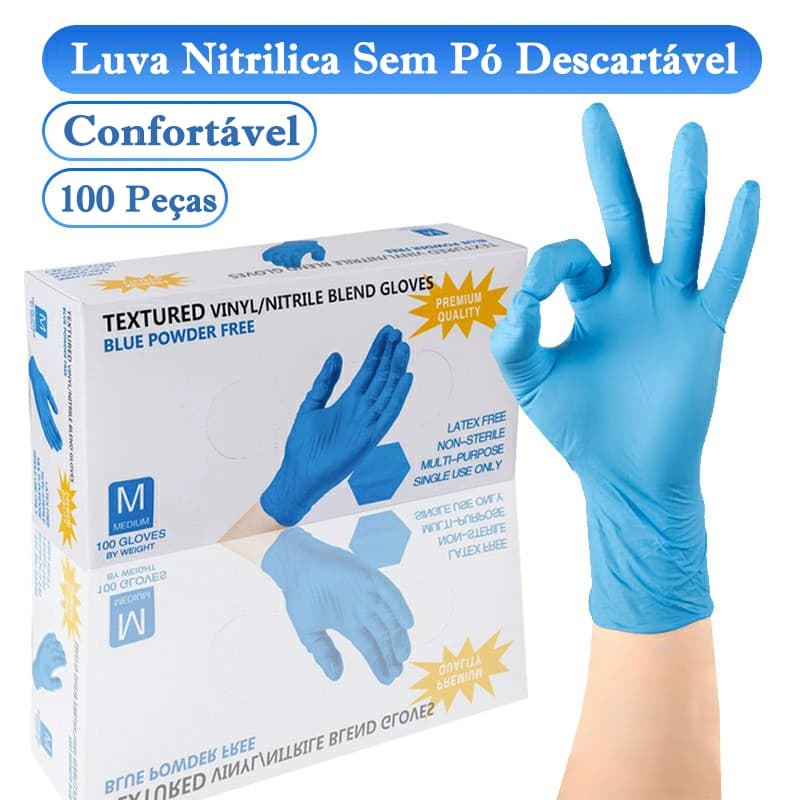 Luva Vinil Preta Descartável Sem Pó Resistente 100 Unidades